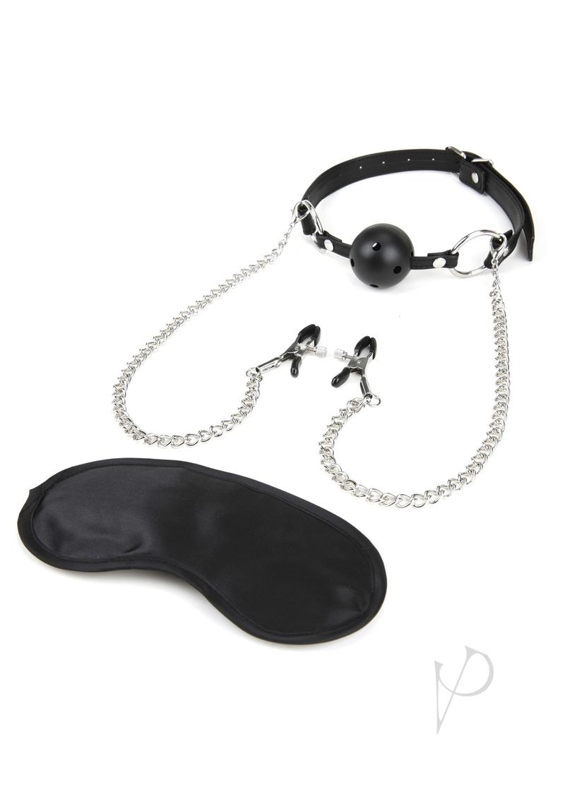 Lux Fetish Breathable Ball Gag with Nipple Clamps Adjustable