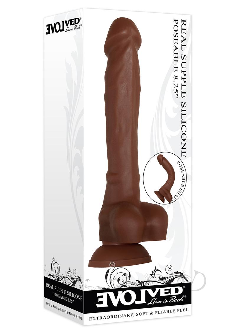 Real Supple Poseable Silicone Dildo with Balls 8.25 in - Chocolate