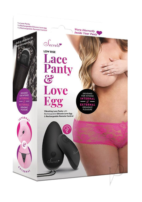 Secrets Low Rise Lace Panty and Love Egg Rechargeable Panty Vibe with Remote Control - Plus Size - Hot Pink