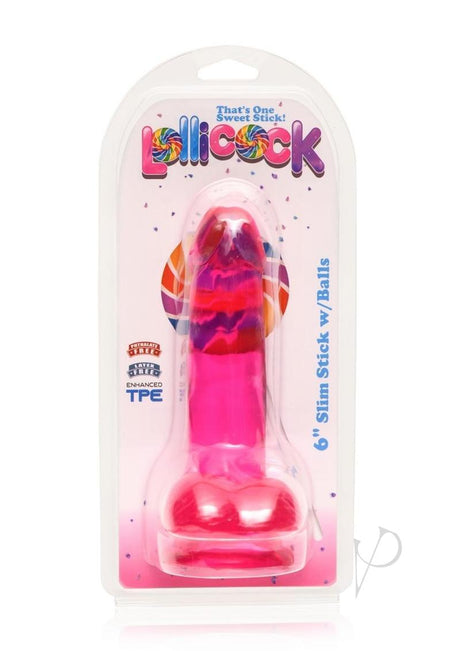 Lollipop Slim Stick Dildo with Balls 6in - Cherry Ice