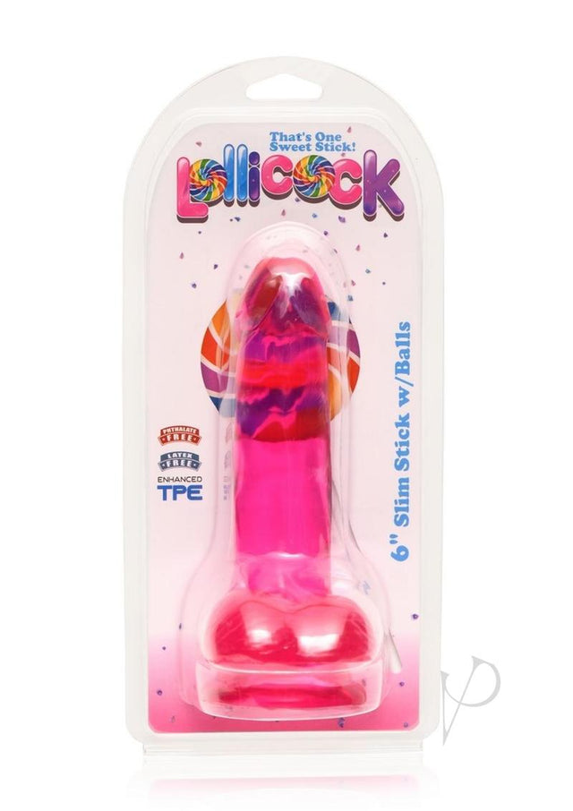 Lollipop Slim Stick Dildo with Balls 6in - Cherry Ice