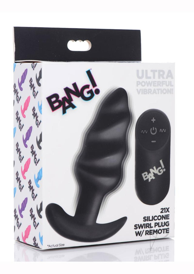 Bang! 21x Vibrating Silicone Rechargeable Swirl Butt Plug with Remote Control - Black