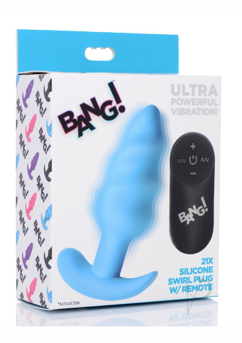 Bang! 21x Vibrating Silicone Rechargeable Swirl Butt Plug with Remote Control - Blue