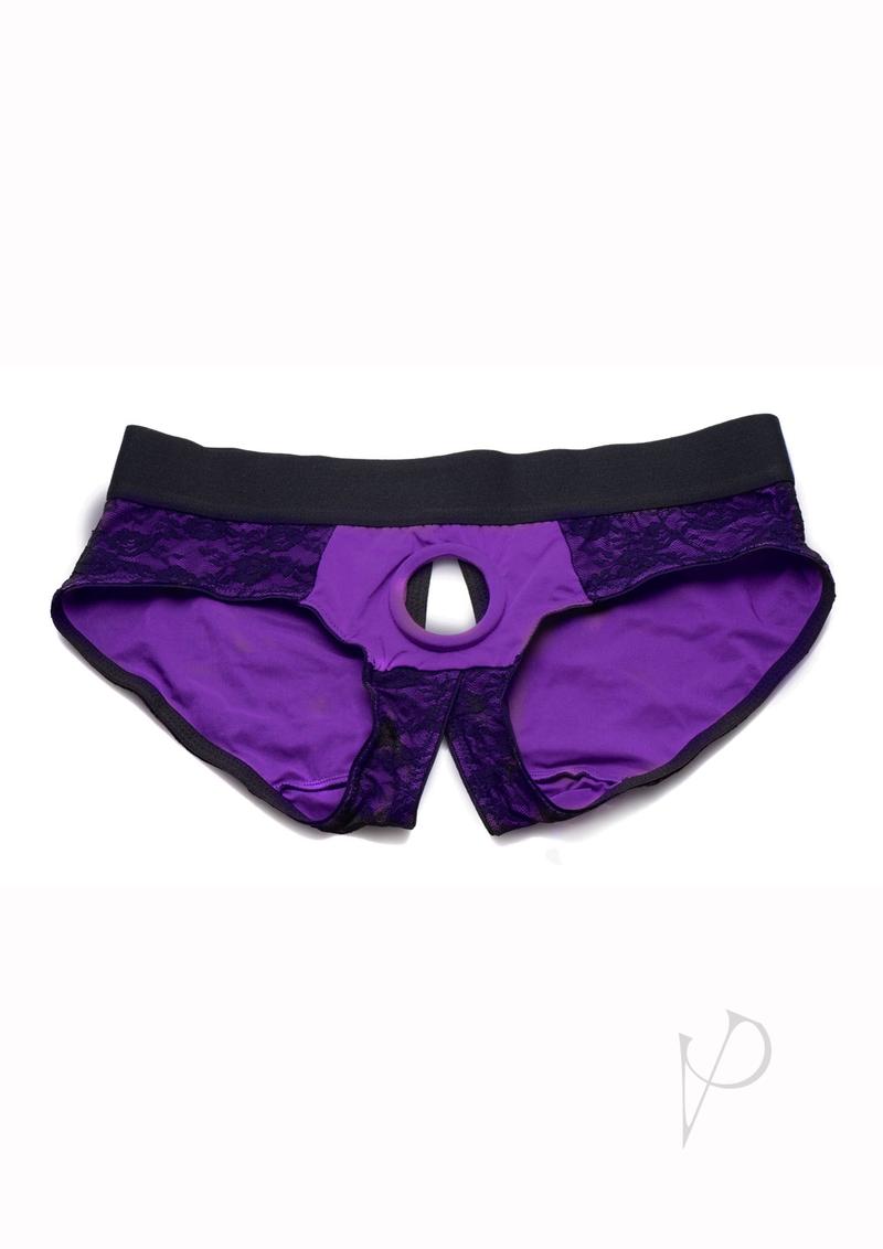 Strap U Lace Envy Lace Crotchless Panty Harness - Small/Medium - Purple/Black
