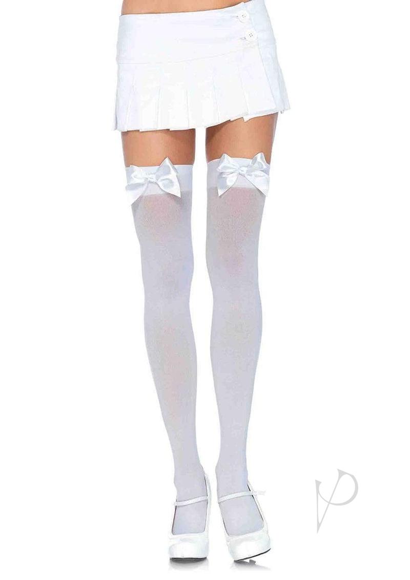 Leg Avenue Nylon Thigh High with Bow - O/S - White