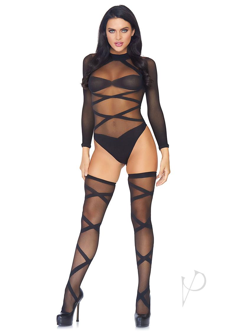 Leg Avenue Sheer Criss Cross Bodysuit with Matching Thigh High (2 piece set) - O/S - Black