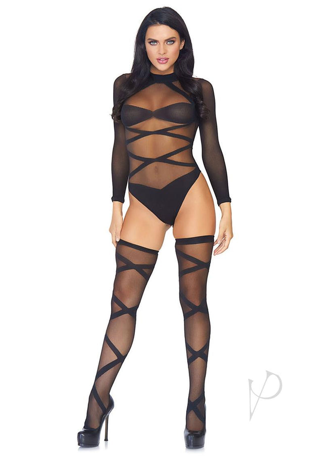 Leg Avenue Sheer Criss Cross Bodysuit with Matching Thigh High (2 piece set) - O/S - Black