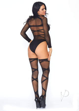 Leg Avenue Sheer Criss Cross Bodysuit with Matching Thigh High (2 piece set) - OS - Black