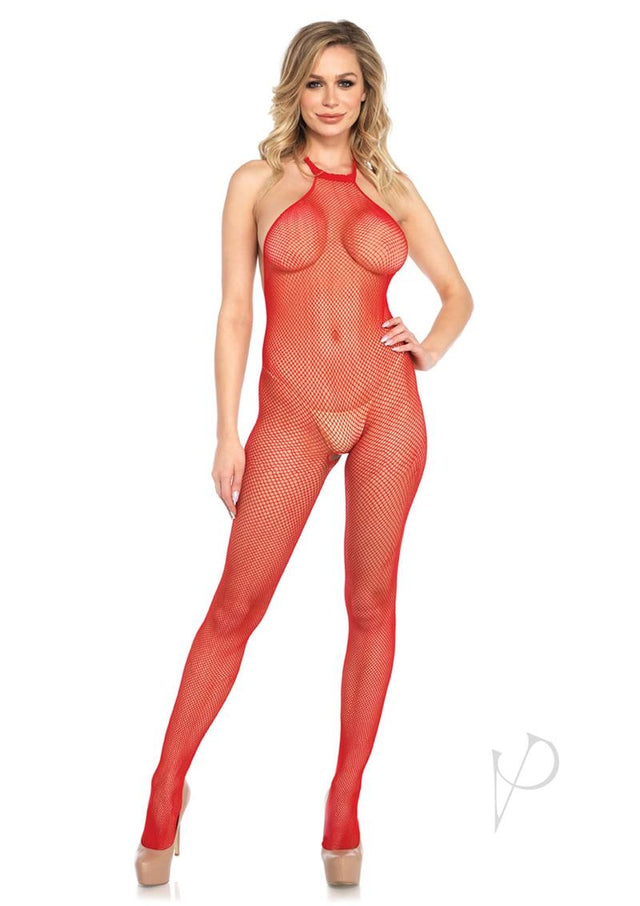 Leg Avenue Fishnet Halter Bodystocking - O/S - Red