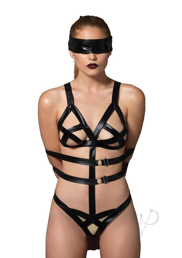 Leg Avenue G-String Teddy with Adjustable Arm Straps, Eye Mask, Wrist Restraint 3pc - O/S - Black