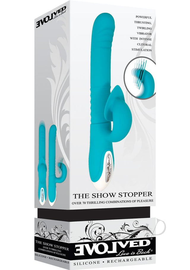 Show Stopper Rechargeable Silicone Dual Vibrator with Clitoral Stimulator - Teal