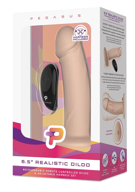 Pegasus Realistic Silicone Rechargeable Dildo with Remote Control and Adjustable Harness Set 6.5in - Vanilla