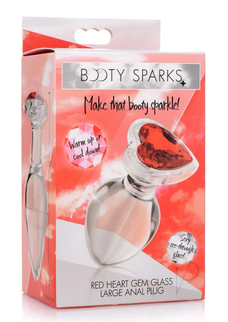 Booty Sparks Red Heart Gem Glass Anal Plug - Large - Red/Clear