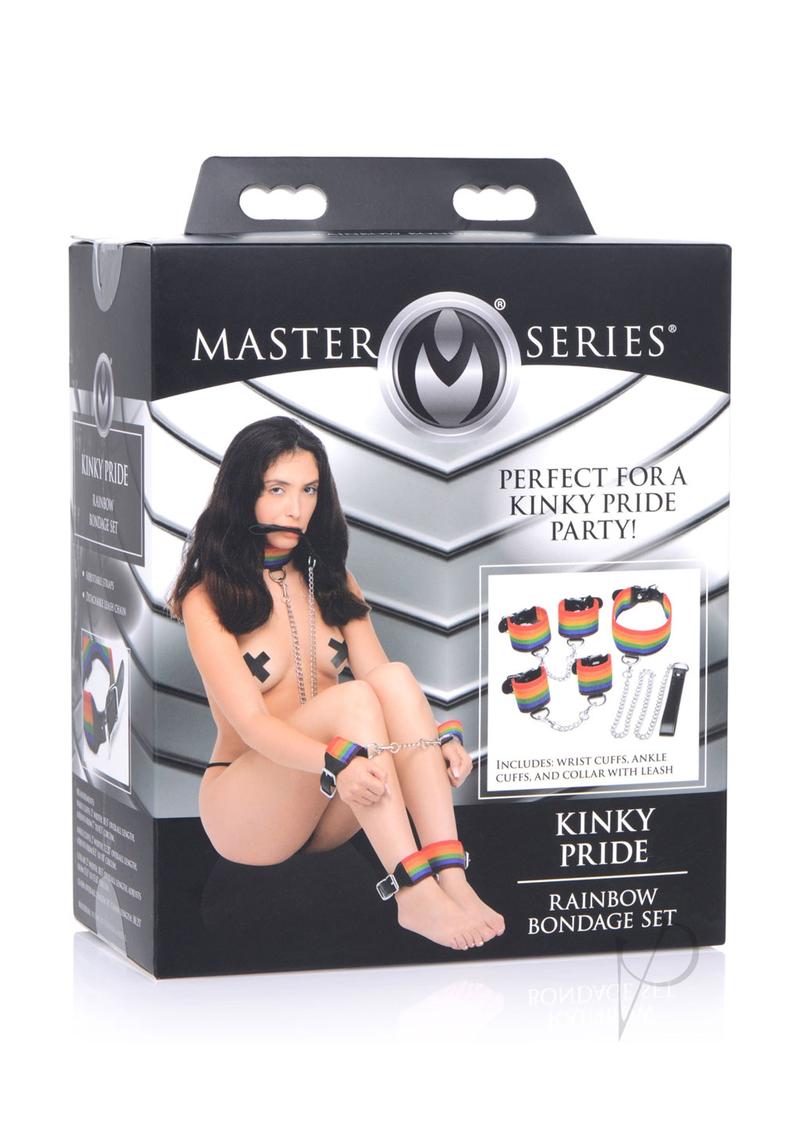 Kinky Pride Rainbow Bondage Set - Wrist/Ankle Cuffs and Collar with Leash