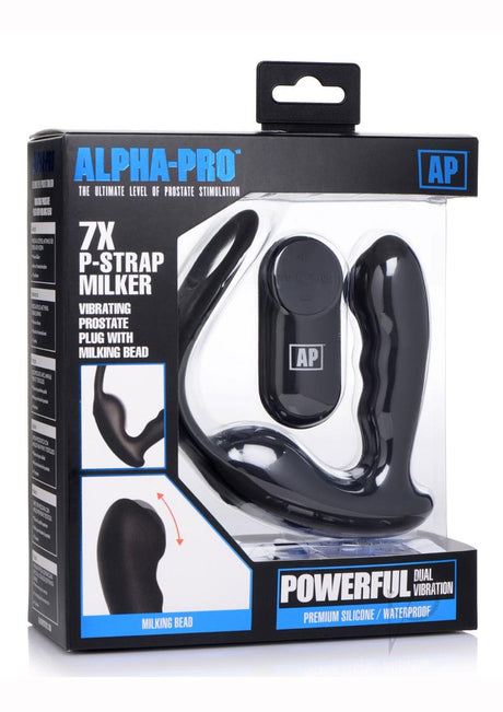 Alpha Pro 7X P-Strap Milker Silicone Rechargeable Vibrating Prostate Plug with Milking Bead, Cock and Ball Ring and Remote Control - Black