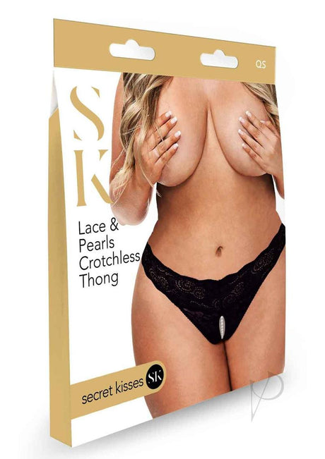Secret Kisses Lace and Pearl Crotchless Thong - Queen - Black