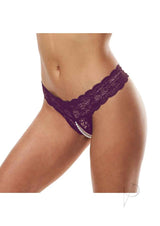 Secret Kisses Lace and Pearl Crotchless Thong - M/L - Purple