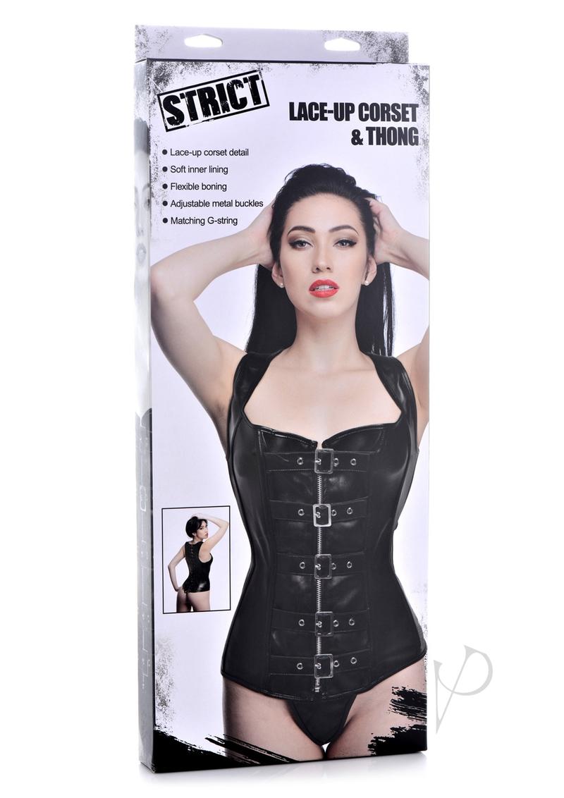 Strict Lace-Up Corset Vest and Thong - Medium - Black