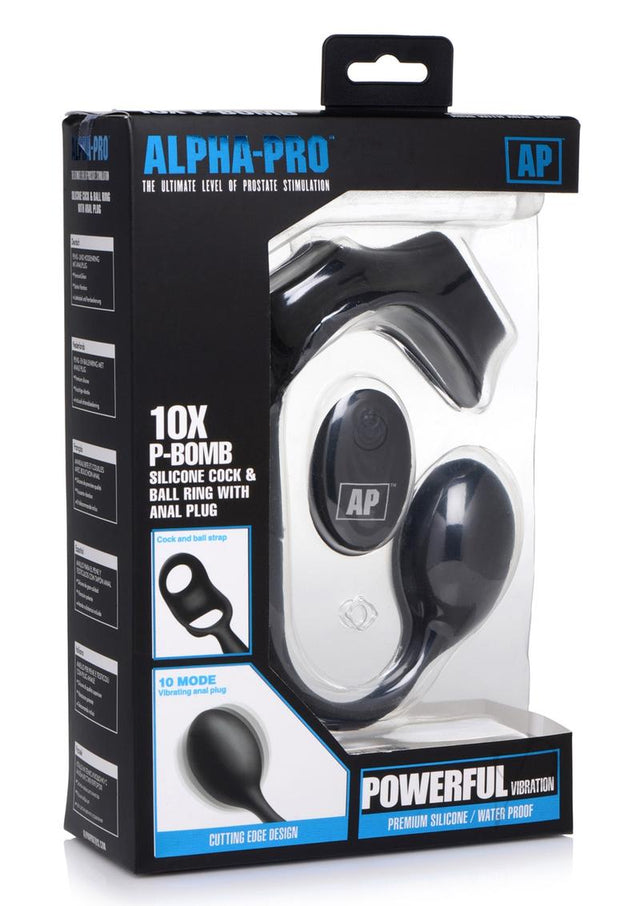 Alpha Pro 10X P-Bomb Silicone Rechargeable Cock and Ball Ring with Plug and Remote Control - Black