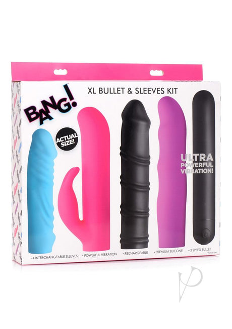 Bang! 4-In-1 XL Silicone Rechargeable Bullet Vibrator and Sleeve Kit - Multicolor