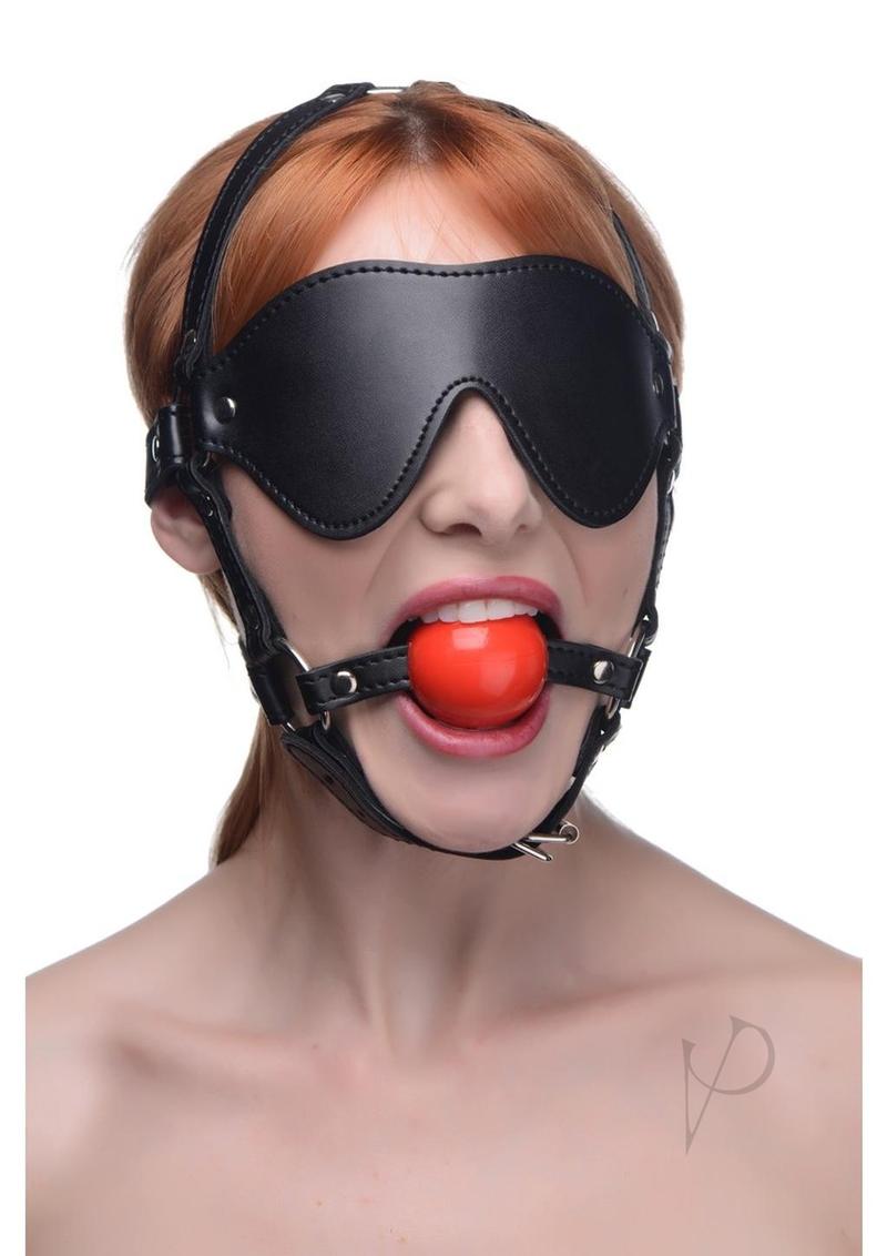 Blindfold Harness with Ball Gag - Black/Red