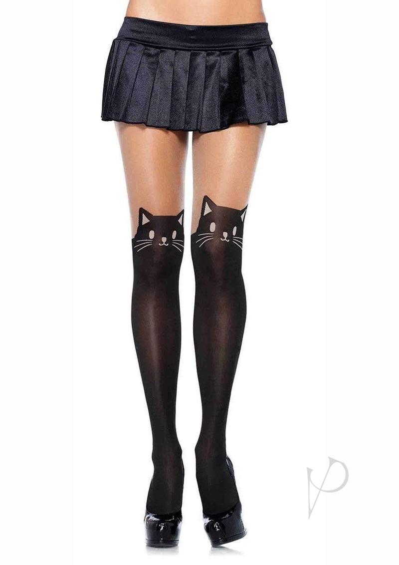 Leg Avenue Black Cat Spandex Opaque Pantyhose with Sheer Thigh Accent - O/S - Black/Nude