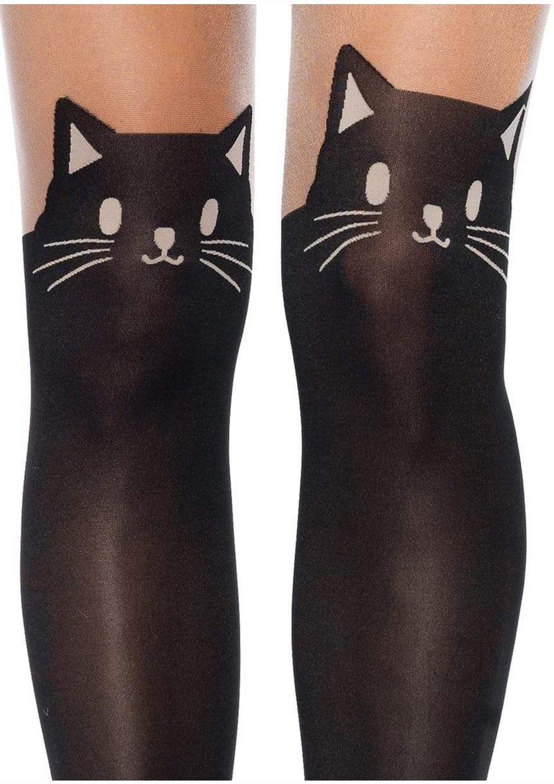 Leg Avenue Black Cat Spandex Opaque Pantyhose with Sheer Thigh Accent - OS - Black/Nude