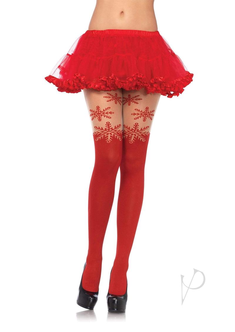 Leg Avenue Spandex Snowflake Opaque Pantyhose with Sheer Thigh Accent - O/S - Red