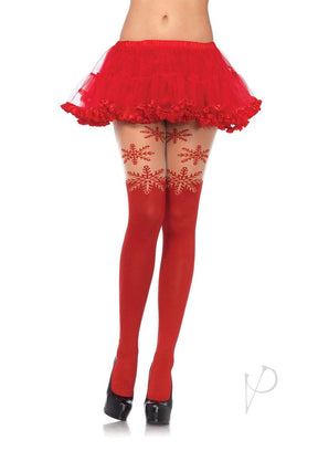 Leg Avenue Spandex Snowflake Opaque Pantyhose with Sheer Thigh Accent - O/S - Red