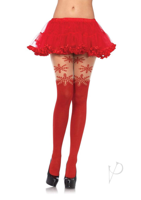 Leg Avenue Spandex Snowflake Opaque Pantyhose with Sheer Thigh Accent - O/S - Red