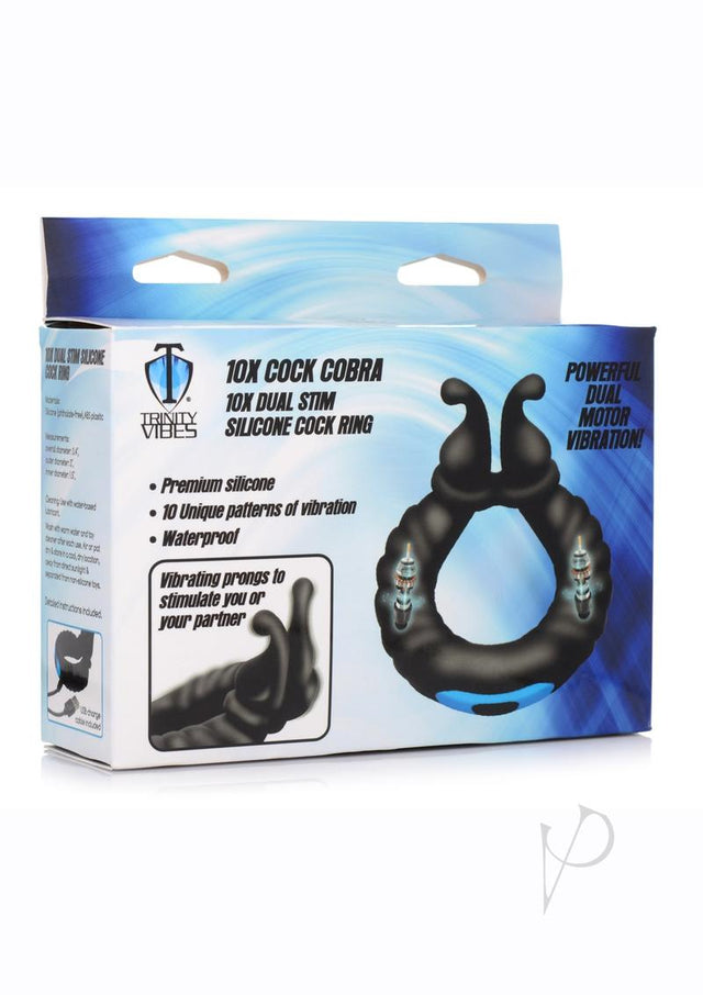 Trinity Men 10X Cock Cobra Dual Stimulating Rechargeable Silicone Cock Ring - Black