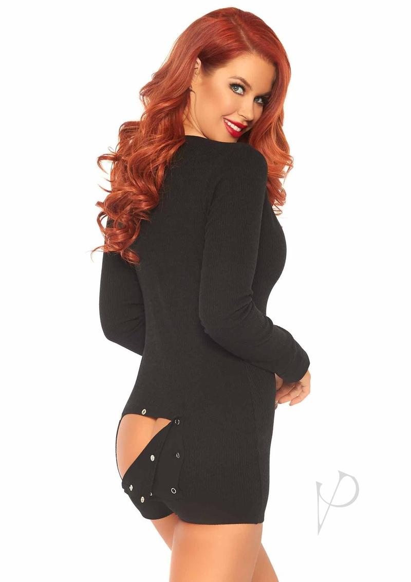 Leg Avenue Brushed Rib Romper Long Johns with Cheeky Snap Closure Back Flap - M/L - Black