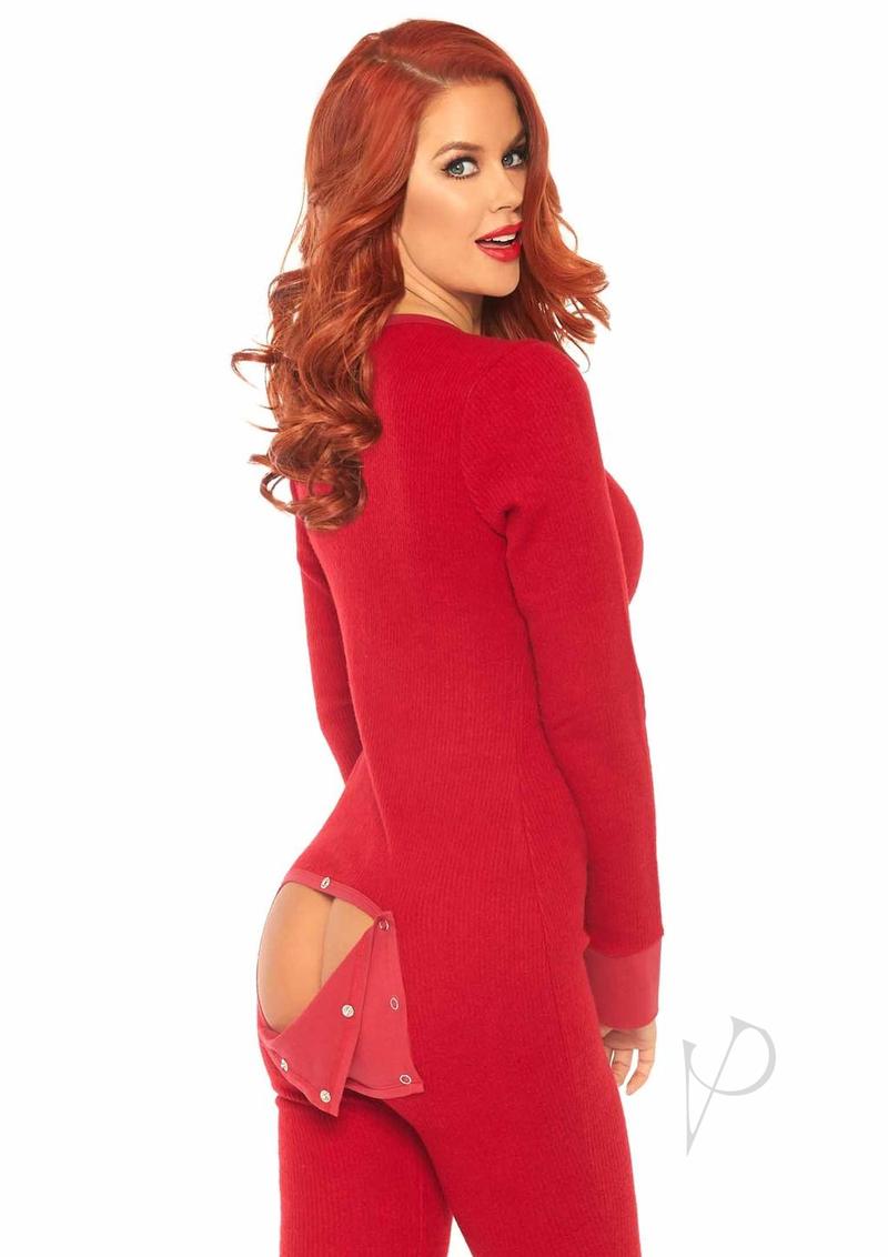 Leg Avenue Cozy Brushed Rib Long Johns with Cheeky Snap Closure Back Flap - XL - Red