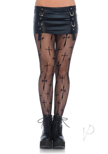 Leg Avenue Worship Me Cross Net Tights - 1X-2X - Black