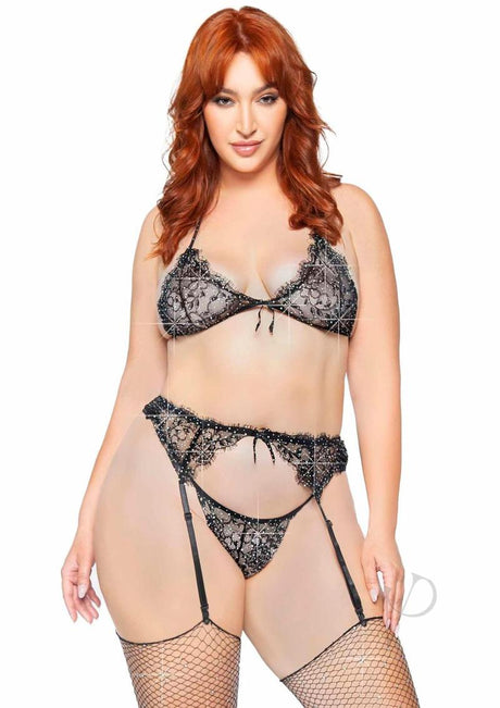 Leg Avenue Rhinestone Eyelash Lace Bra Top Garter Belt and G-String (3 pieces) - 1X/2X - Black