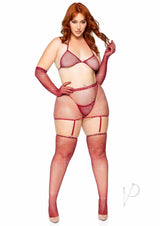 Leg Avenue Rhinestone Fishnet Garter Skirt Set with Bikini Top, G-String, Gloves and Matching Stockings (5 piece) - 1X/2X - Burgundy