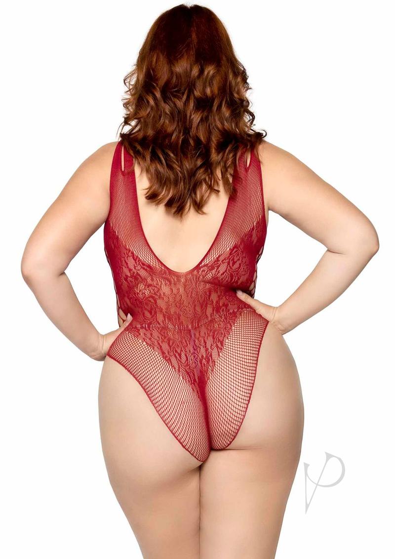 Leg Avenue Seamless Net Lace Bodysuit with Dual Shoulder Straps and Cheeky Cut Bottom - 1X/2X - Burgundy