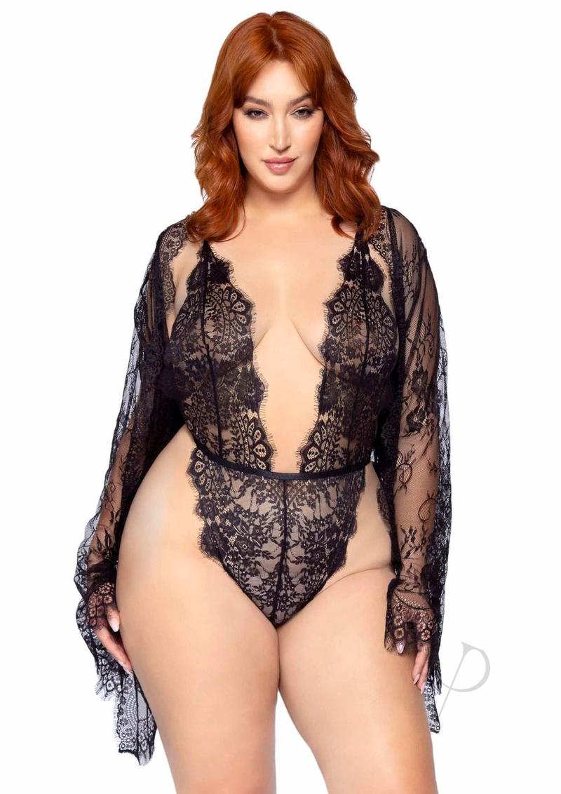 Leg Avenue Floral Lace Teddy with Adjustable Straps and Cheeky Thong Back, Matching Lace Robe with Scalloped Trim and Satin Tie (3 pieces) - 1X-2X - Black