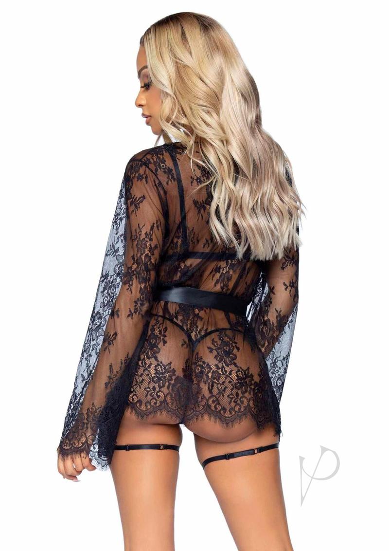 Leg Avenue Eyelash Lace Garter Teddy with G-String Back and Adjustable Straps, Lace Robe and Ribbon Tie (3 pieces) - Medium - Black