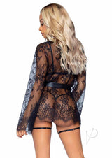 Leg Avenue Eyelash Lace Garter Teddy with G-String Back and Adjustable Straps, Lace Robe and Ribbon Tie (3 pieces) - Medium - Black