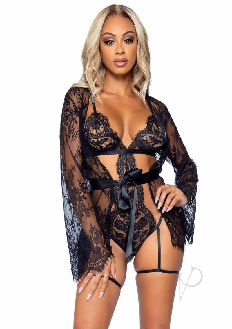 Leg Avenue Eyelash Lace Garter Teddy with G-String Back and Adjustable Straps, Lace Robe and Ribbon Tie (3 pieces) - Large - Black