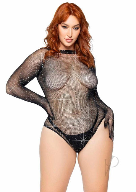 Leg Avenue Rhinestone Fishnet Gloved Bodysuit with Snap Crotch - 1X/2X - Black
