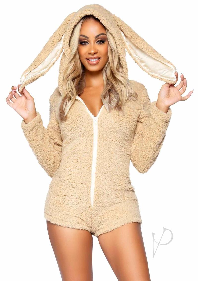 Leg Avenue Cuddle Bunny Ultra Soft Zip Up Teddy With Bunny Ear Hood And Cute Bunny Tail - Large - Beige
