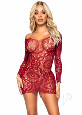 Leg Avenue Crochet Lace Long sleeved Mini Dress - O/S - Burgundy