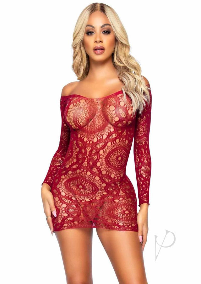 Leg Avenue Crochet Lace Long sleeved Mini Dress - O/S - Burgundy