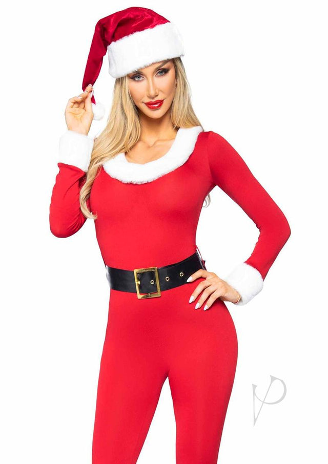 Santa Baby Spandex Jumpsuit with Fur Trim, Belt and Santa Hat (3 pieces) - XLarge - Red/White