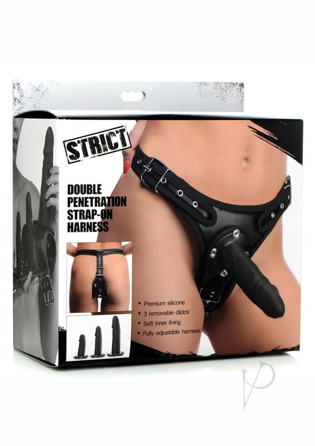 Strict Double Penetration Strap-On Harness with Silicone Dildos (3 pack) - Black