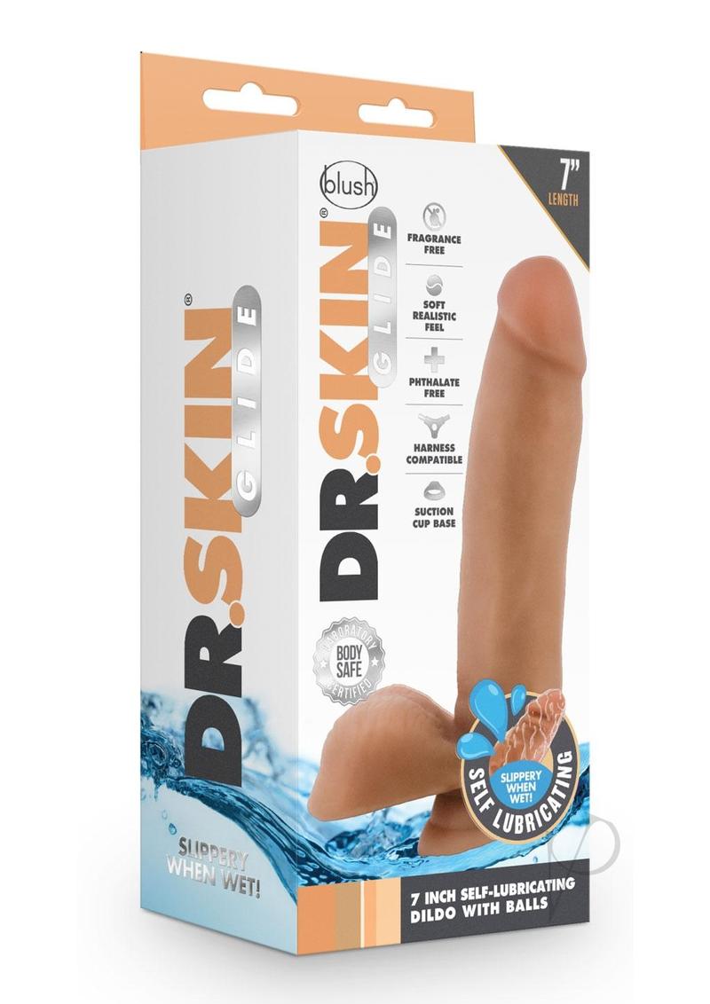 Dr. Skin Glide Gold Collection Self Lubricating Dildo with Balls 7in - Caramel