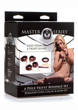 Master Series Velvet Bondage Set Cuffs, Collar, and Leash (6 piece) - Burgundy