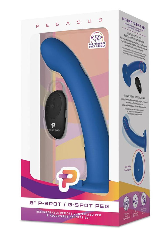 Pegasus Remote Control P-Spot G-Spot Silicone Peg with Harness 8in - Blue